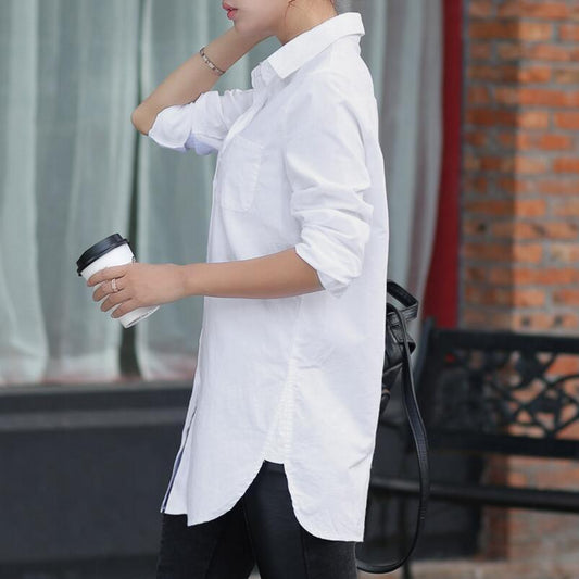 Women's White Long Sleeve Cotton Polyester Solid Long Shirt with Collar