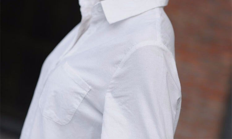 Women's White Long Sleeve Cotton Polyester Solid Long Shirt with Collar