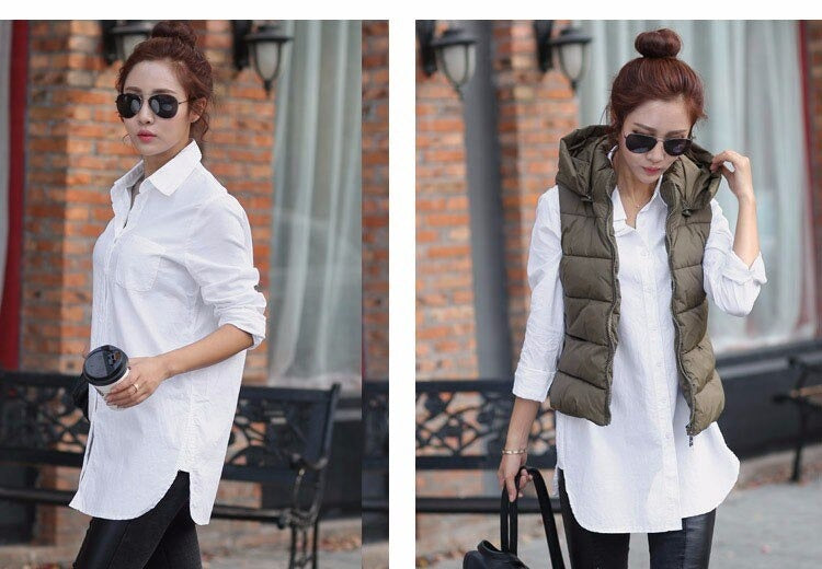 Women's White Long Sleeve Cotton Polyester Solid Long Shirt with Collar